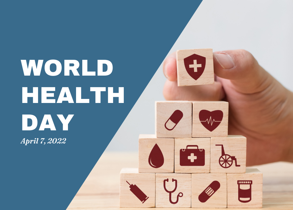 Stack of blocks with medical and health images, celebrating World Health Day 2022