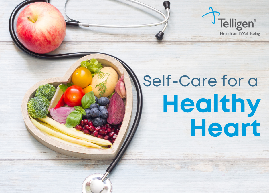 Stethoscope next to healthy fruit and heart filled with fruit next to Telligen logo to promote self-care for a healthy heart