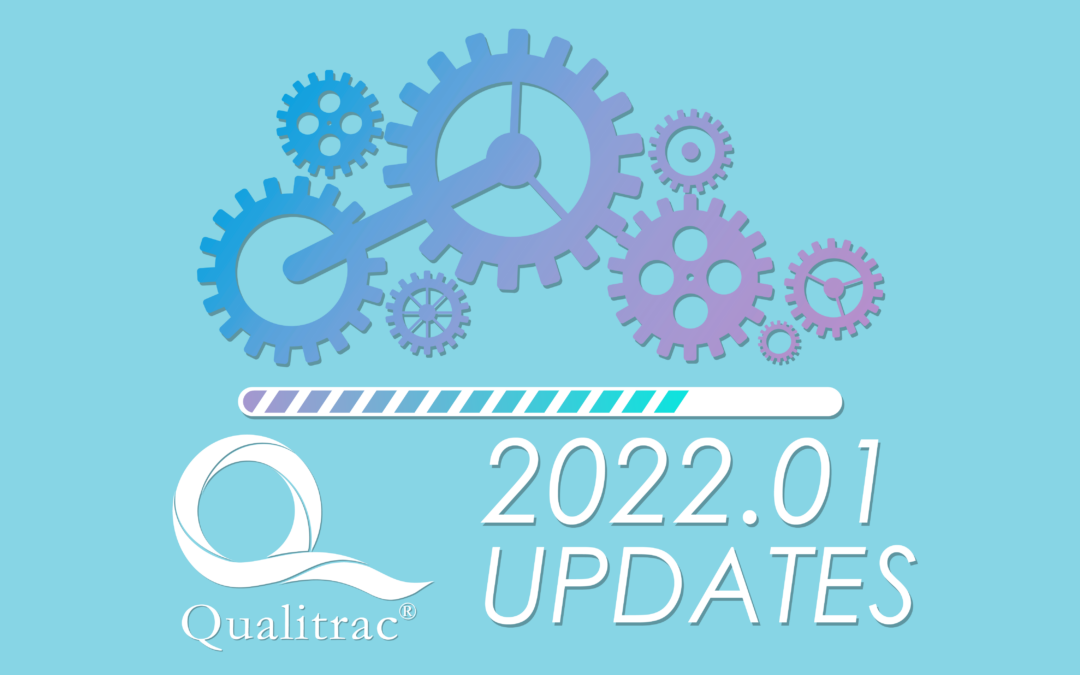 Graphic with gears, highlighting first Qualitrac update article 2022